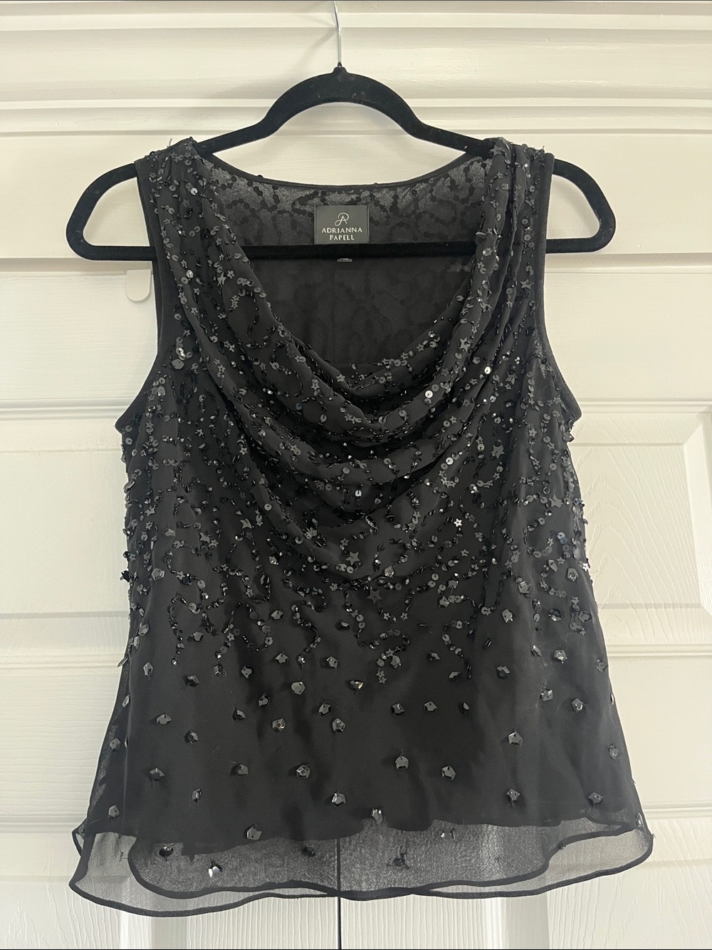 Adrianna Papell Black Sequin Draped Cowl Neck Sleeveless Top